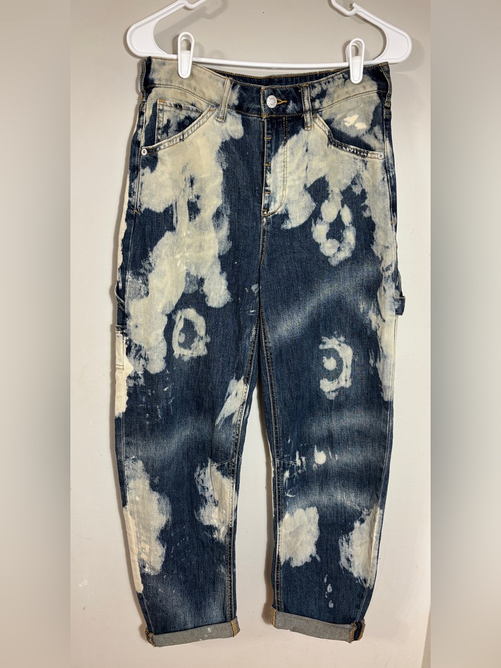 Pilcro The Bow Boyfriend Jeans Sz 27 Blue Cream Tie Dye Bleach Cargo Denim